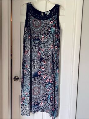 Catherines Navy Floral Medallion Maxi Dress with Teal & Pink Accents